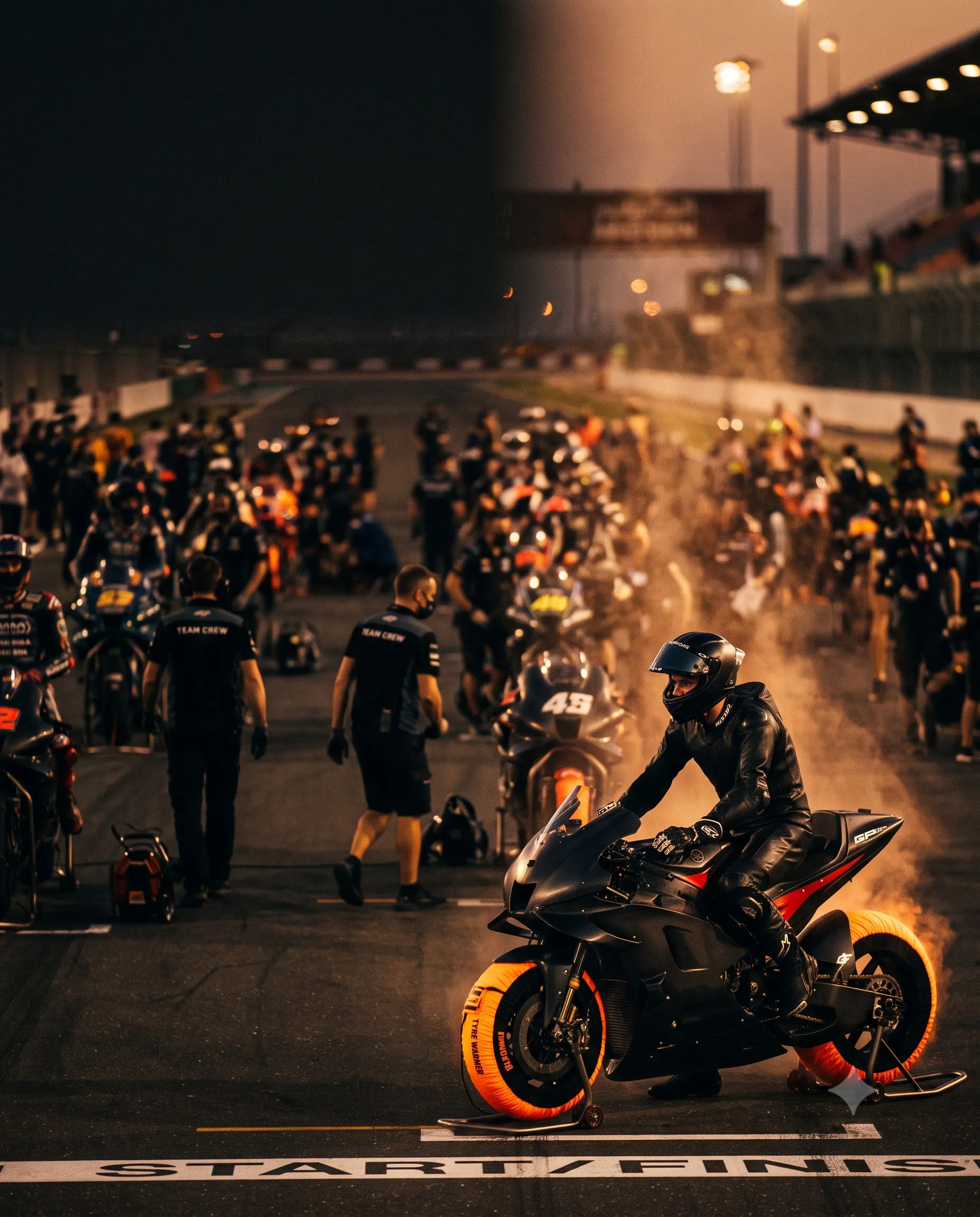 Riders and crew on the grid under floodlights before the start
