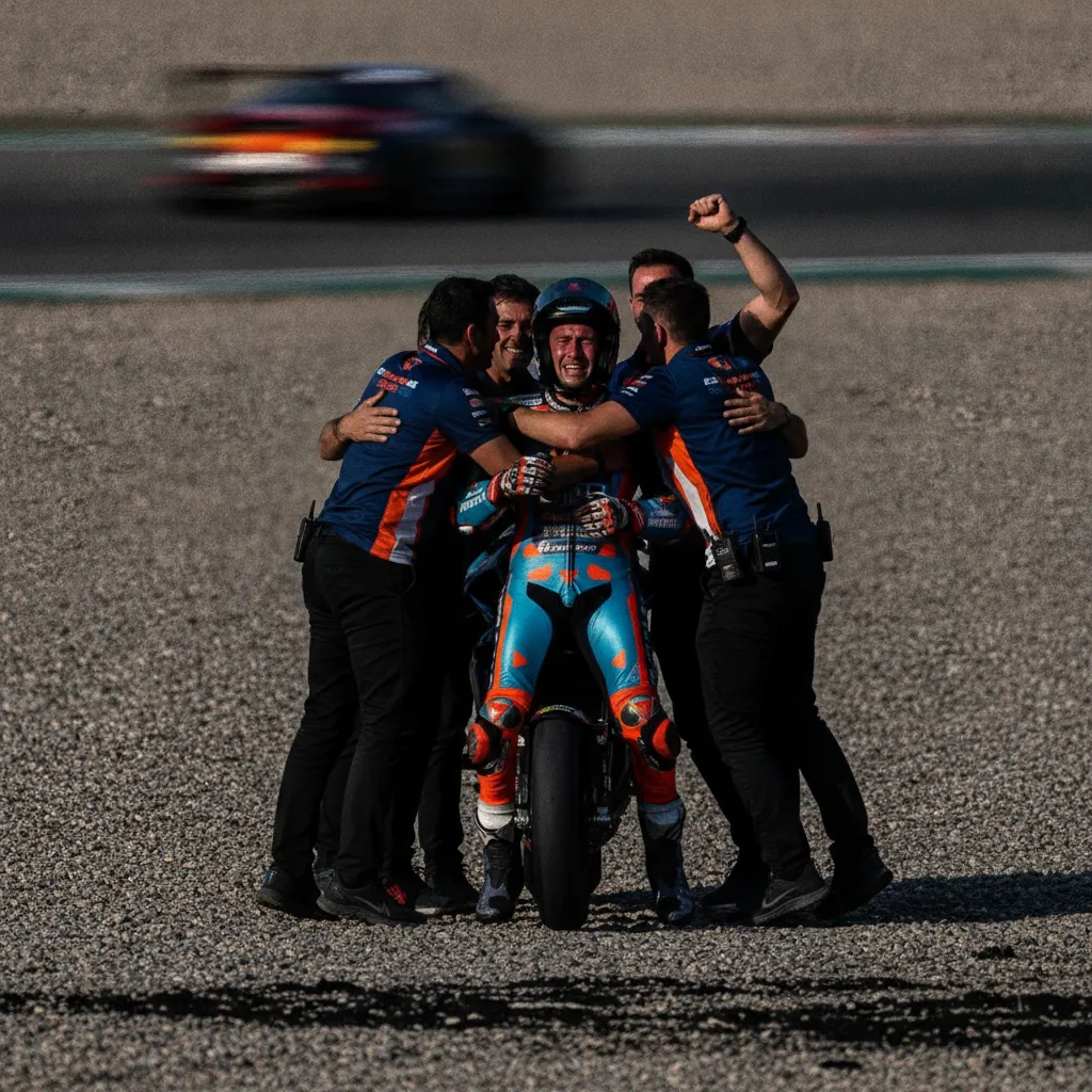 A jubilant satellite MotoGP rider celebrates an unexpected podium result with his delighted team members.