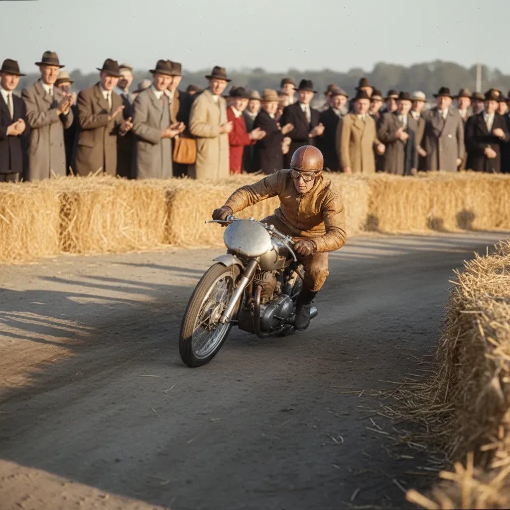 A photorealistic, slightly desaturated, vintage-style shot from the 1950s. A rider in a simple leather helmet and suit w