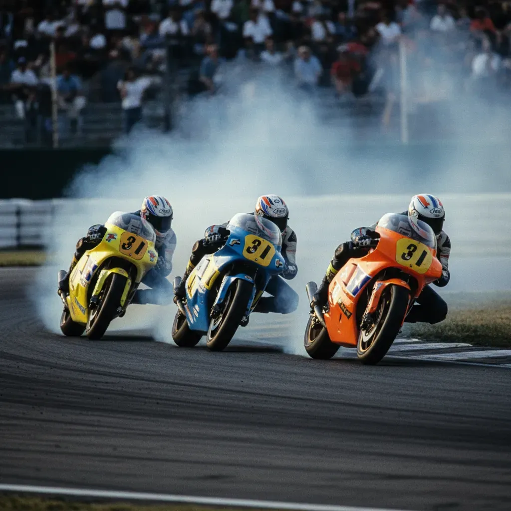 A dynamic, high-energy shot capturing the chaos of the two-stroke 500cc era in the late 1980s. A tight pack of three bri