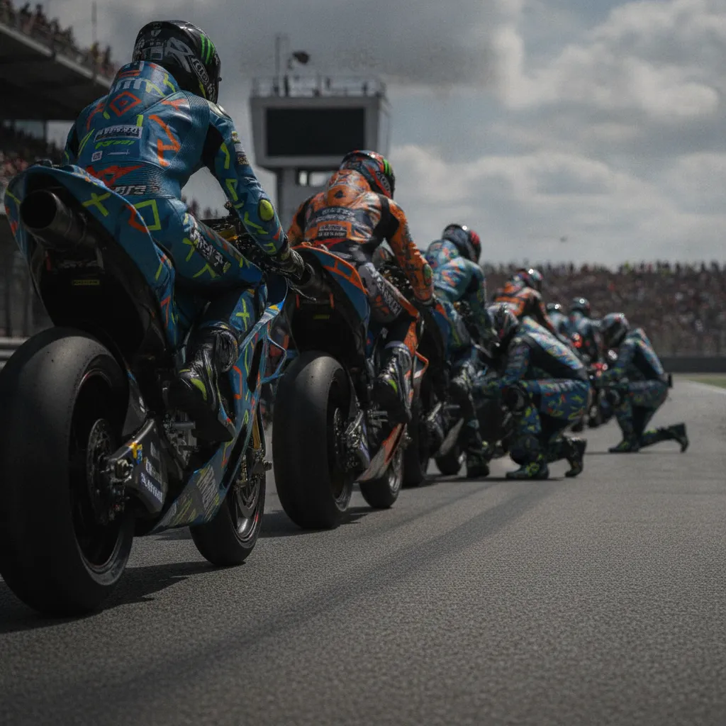 The front rows of a MotoGP starting grid, showing several colourful race bikes lined up before a race.