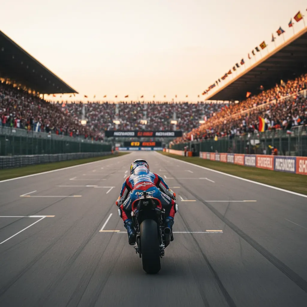 A photorealistic action shot from behind a generic MotoGP rider, looking down the main straight towards a packed grandst