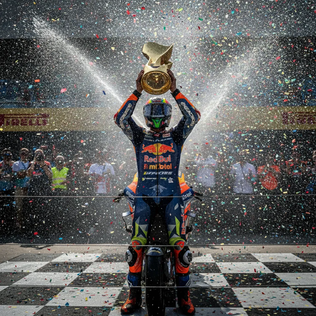 A rider on a MotoGP podium holds a large gold trophy aloft amidst a shower of champagne and confetti.