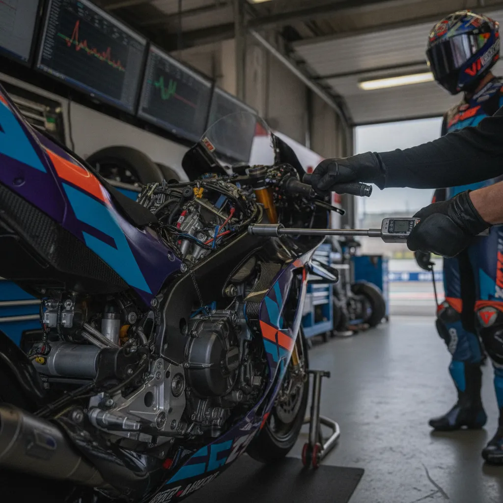 A close-up view of a mechanic's hands carefully adjusting a complex part of a MotoGP bike's engine inside a professional pit garage.