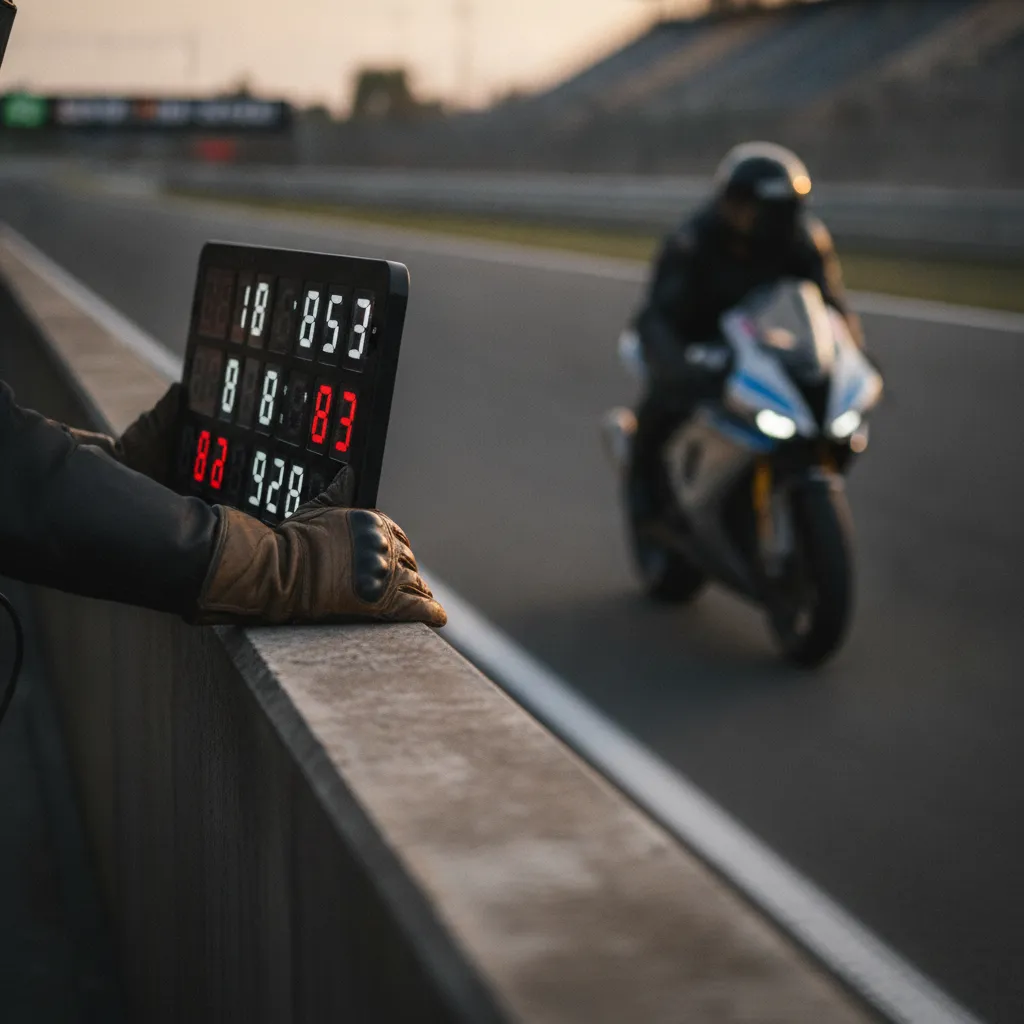 A MotoGP pit board being shown to a rider from the pit wall during a race.