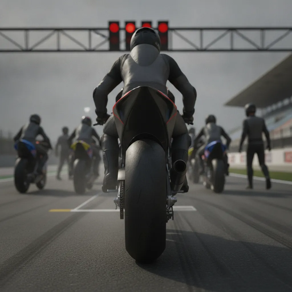 The view from the starting grid before a MotoGP race, looking at the bike in pole position.