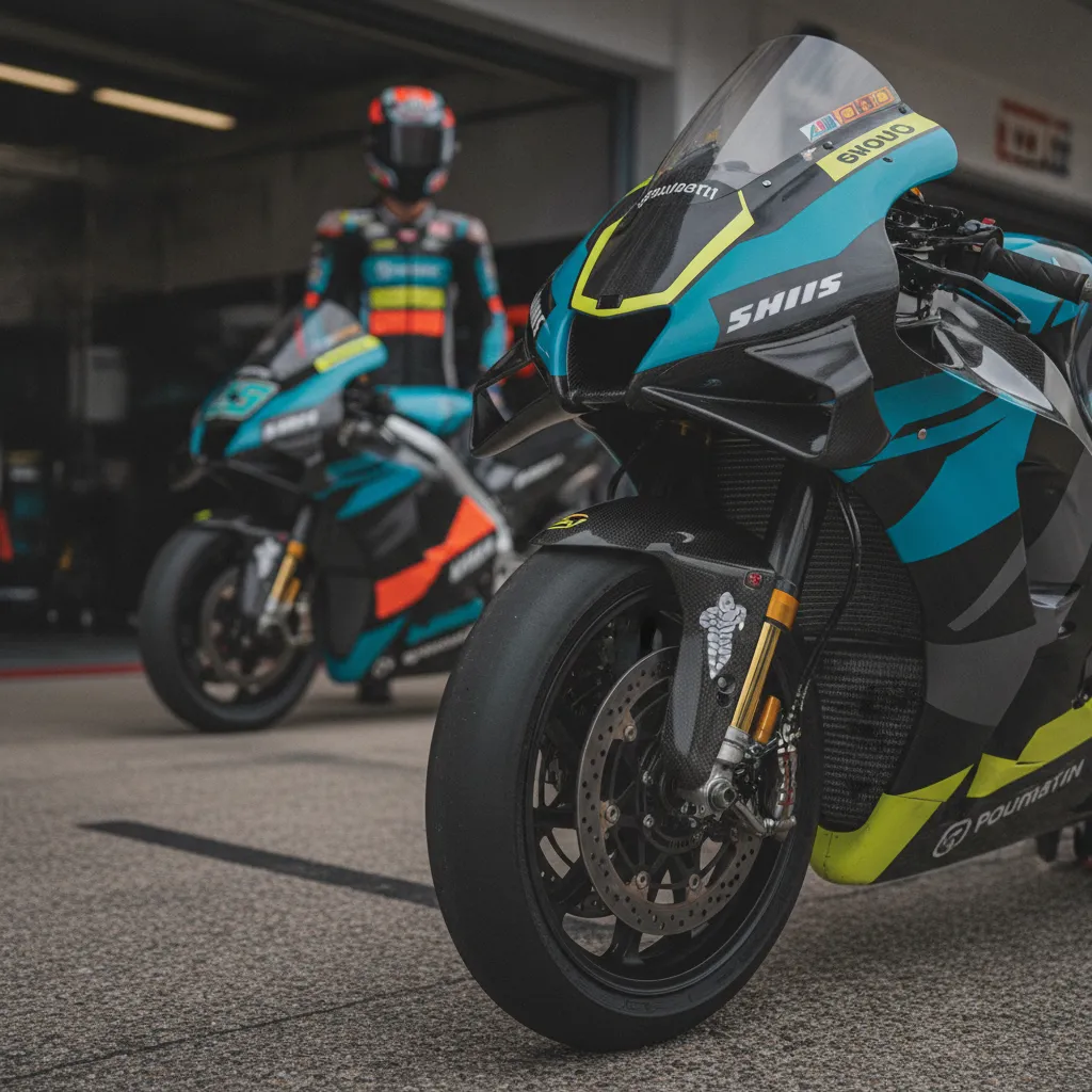 A close-up of a new MotoGP prototype bike's engine and chassis being worked on by a mechanic.