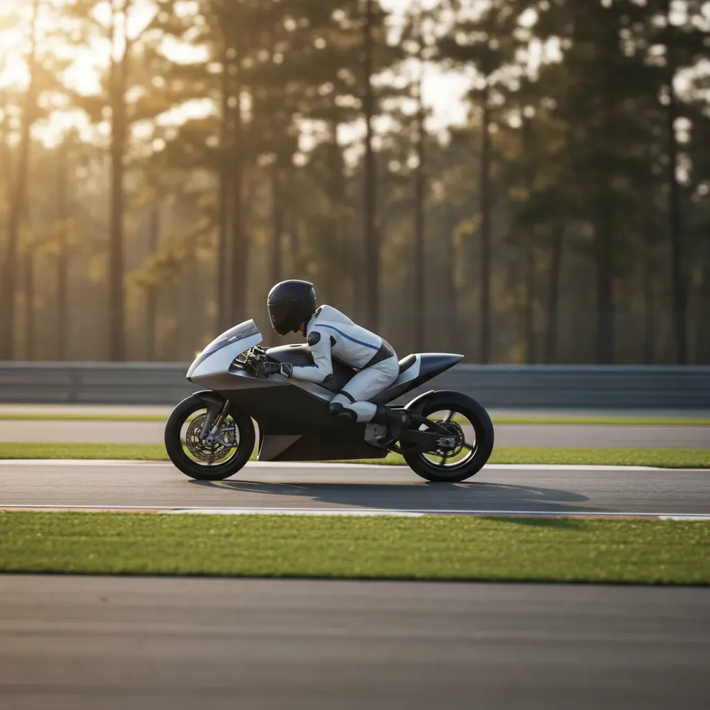 A photorealistic side-profile shot of a rider on a sleek, unbranded race bike, leaned over at maximum angle through a fl