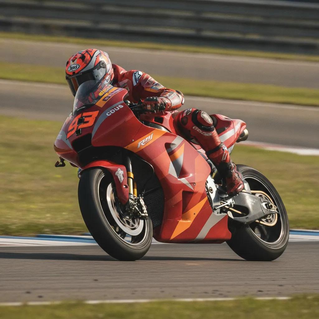 A MotoGP rider in red leathers cornering at high speed on a Ducati race bike.