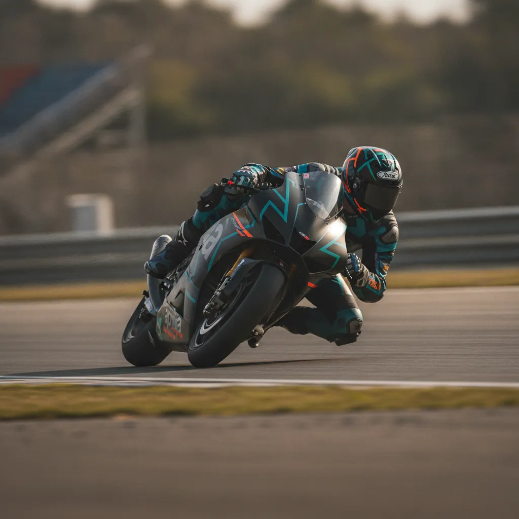 A rider on his Aprilia race bike at high speed around a corner.