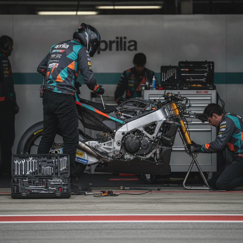 Aprilia mechanics working on a race bike in the pit garage.