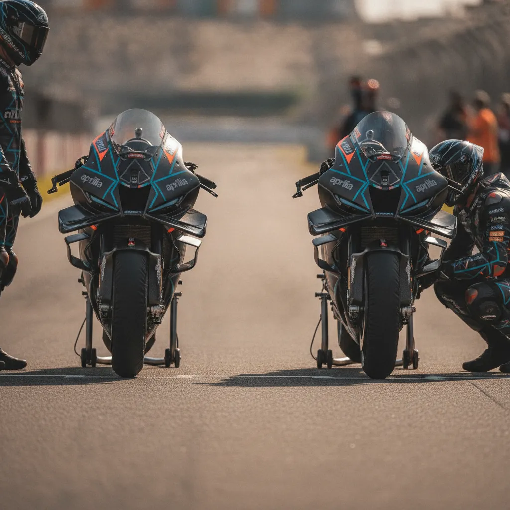 The two Aprilia factory race bikes lined up on the starting grid.