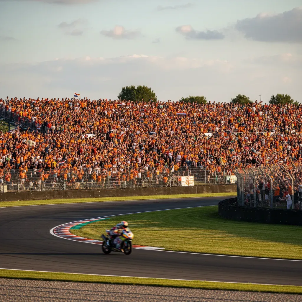 A wide, sun-drenched photograph showing the famous grassy banks at Assen packed with thousands of fans, many wearing ora