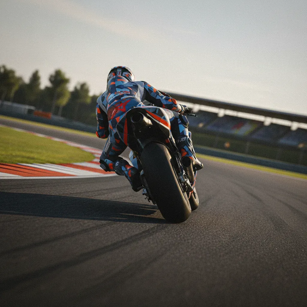A tight 'chase cam' view from behind a MotoGP rider entering the high-speed Ramshoek corner at Assen. The bike is leaned