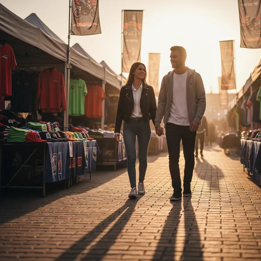 A candid, early morning shot of a young couple walking hand-in-hand through a MotoGP fan village. The sun is low, creati