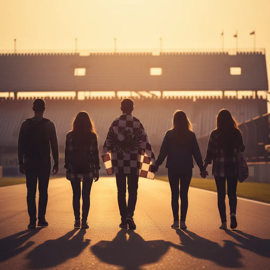 An atmospheric, wide shot taken from behind a group of friends as they leave the circuit at sunset. They are silhouetted