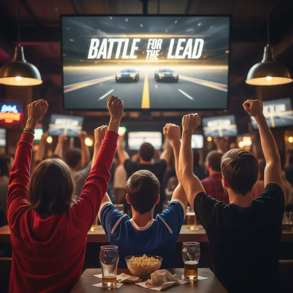 View from behind a small group of friends in a warmly lit sports bar. They are mid-cheer, arms raised, focused on a larg