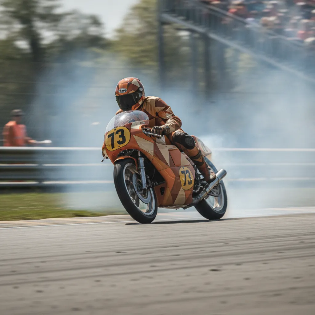 A rider on a 1970s Grand Prix motorcycle cornering at speed, illustrating the raw style of racing from that era.