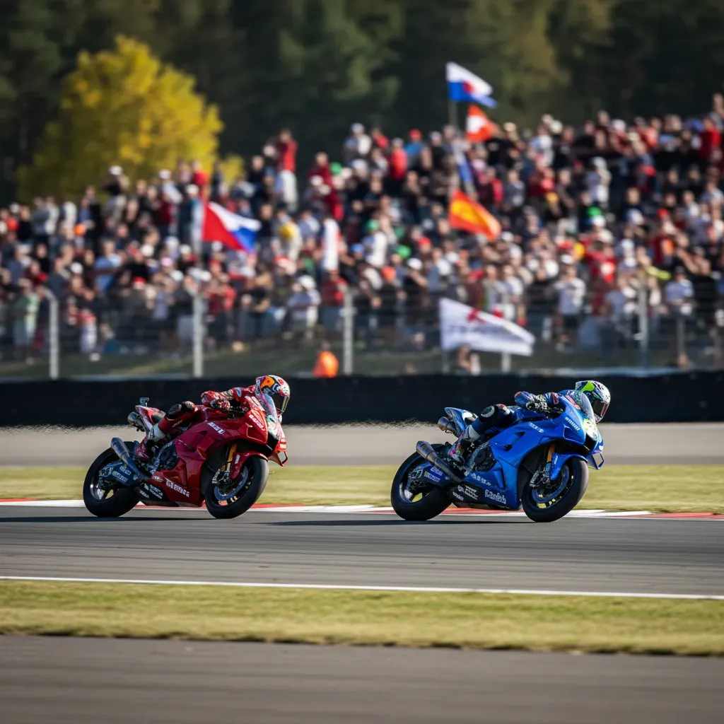 A tight action shot capturing two MotoGP-style bikes racing side-by-side through the fast, sweeping Turn 6 at Brno. The