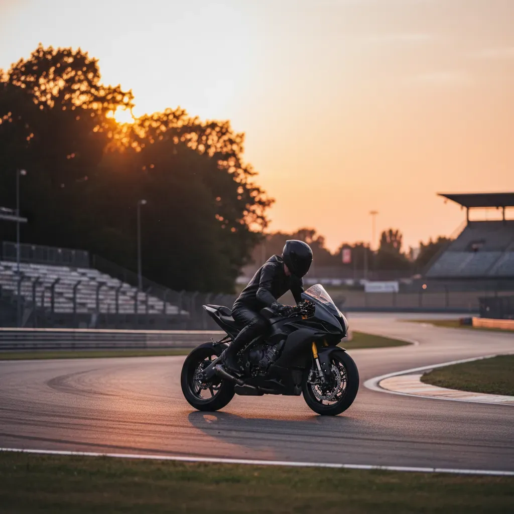 An atmospheric, moody shot of a solitary racing bike on a cool-down lap after a race at Brno. The sun is setting, castin