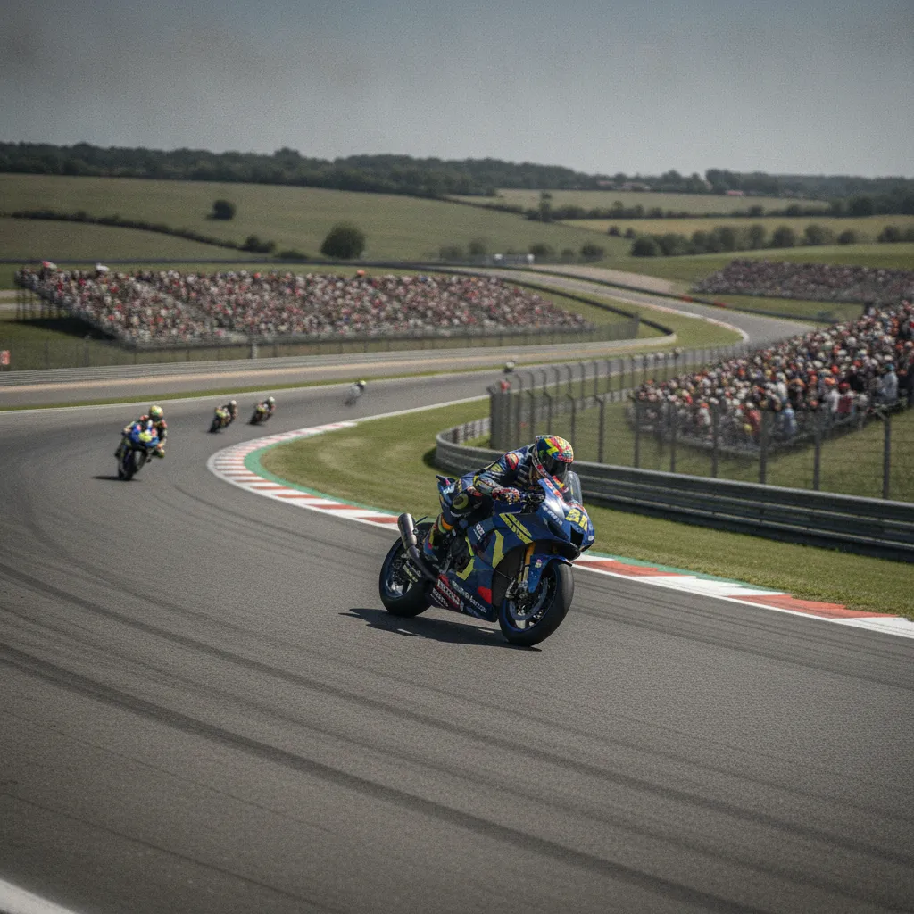 A panoramic view of the winding Sachsenring race circuit in Germany on a sunny day.