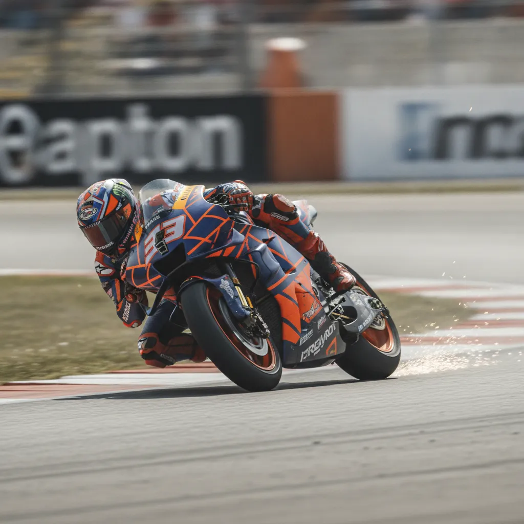 A MotoGP rider at speed, leaning low into a corner during a race.