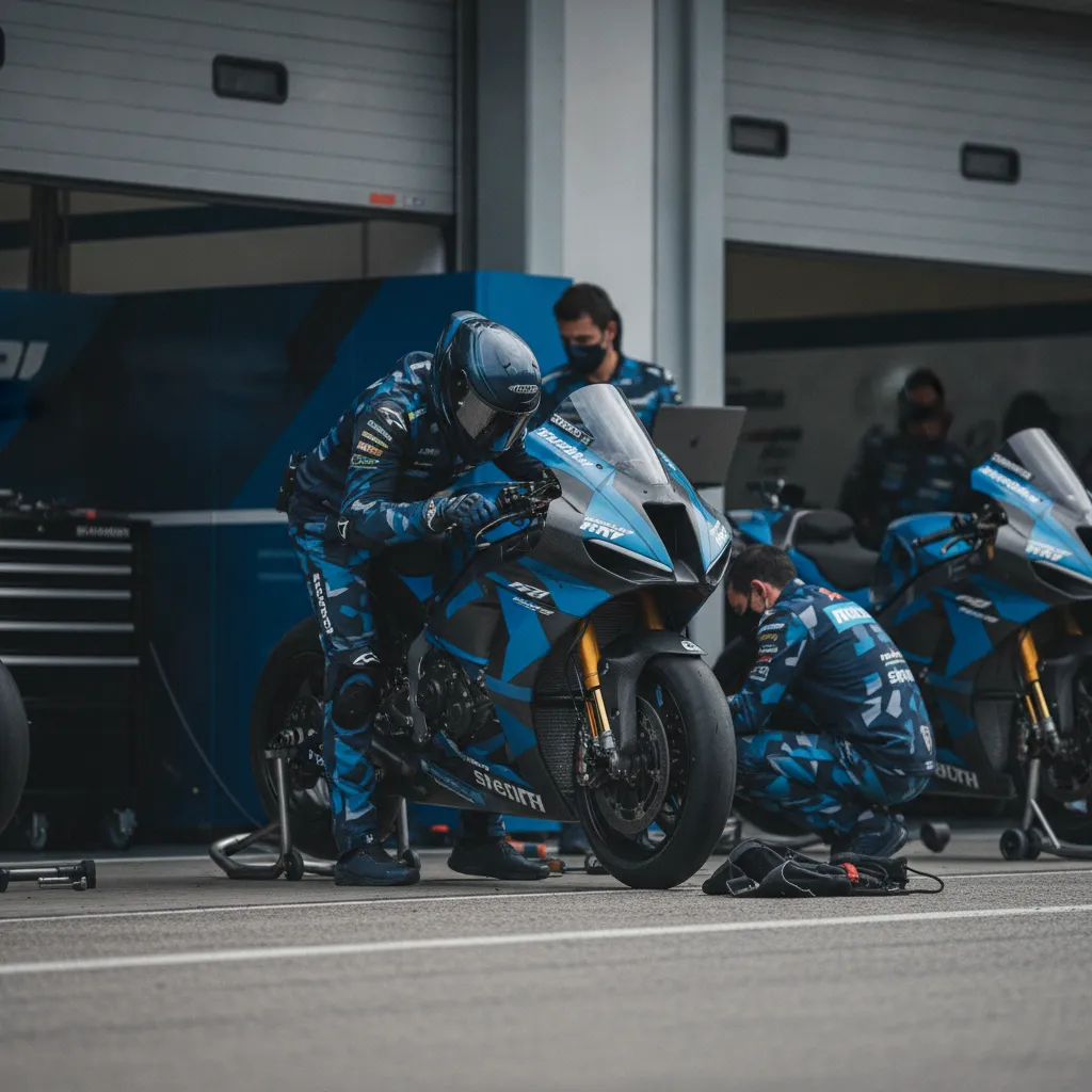 A team of mechanics working on a blue factory MotoGP bike in a clean pit garage.