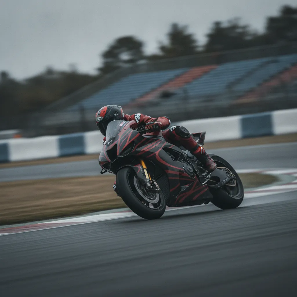 A rider on a red and black MotoGP race bike leans at a low angle through a fast turn.
