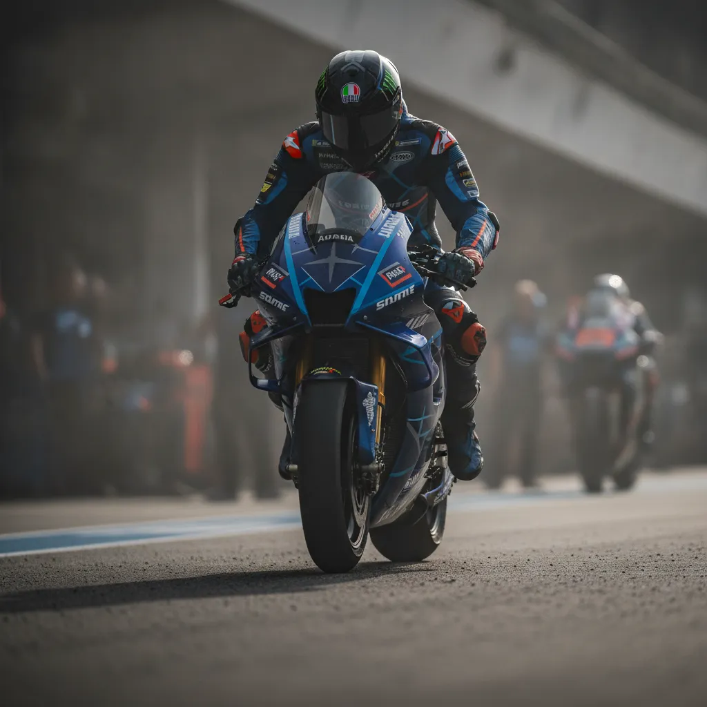 French rider Fabio Quartararo sits on his Yamaha motorcycle in the pit lane, looking focused.