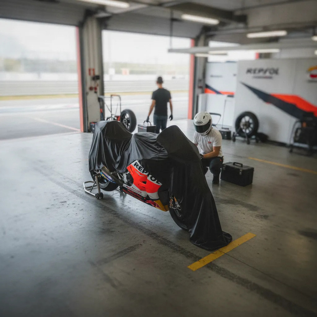A covered motorcycle sits in an empty Honda pit garage, awaiting the arrival of a new rider for the 2027 season.