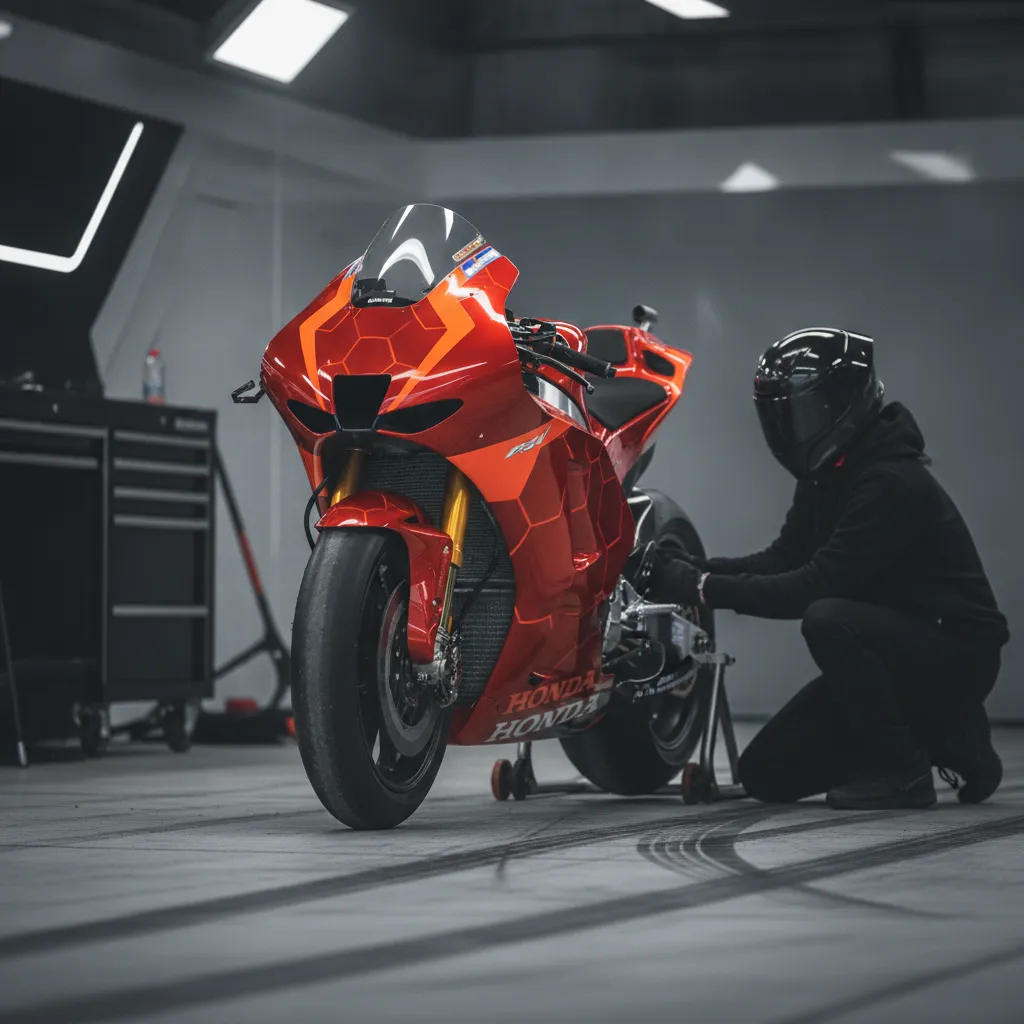 A factory Honda MotoGP bike sits under spotlights in an empty pit garage, awaiting its rider.