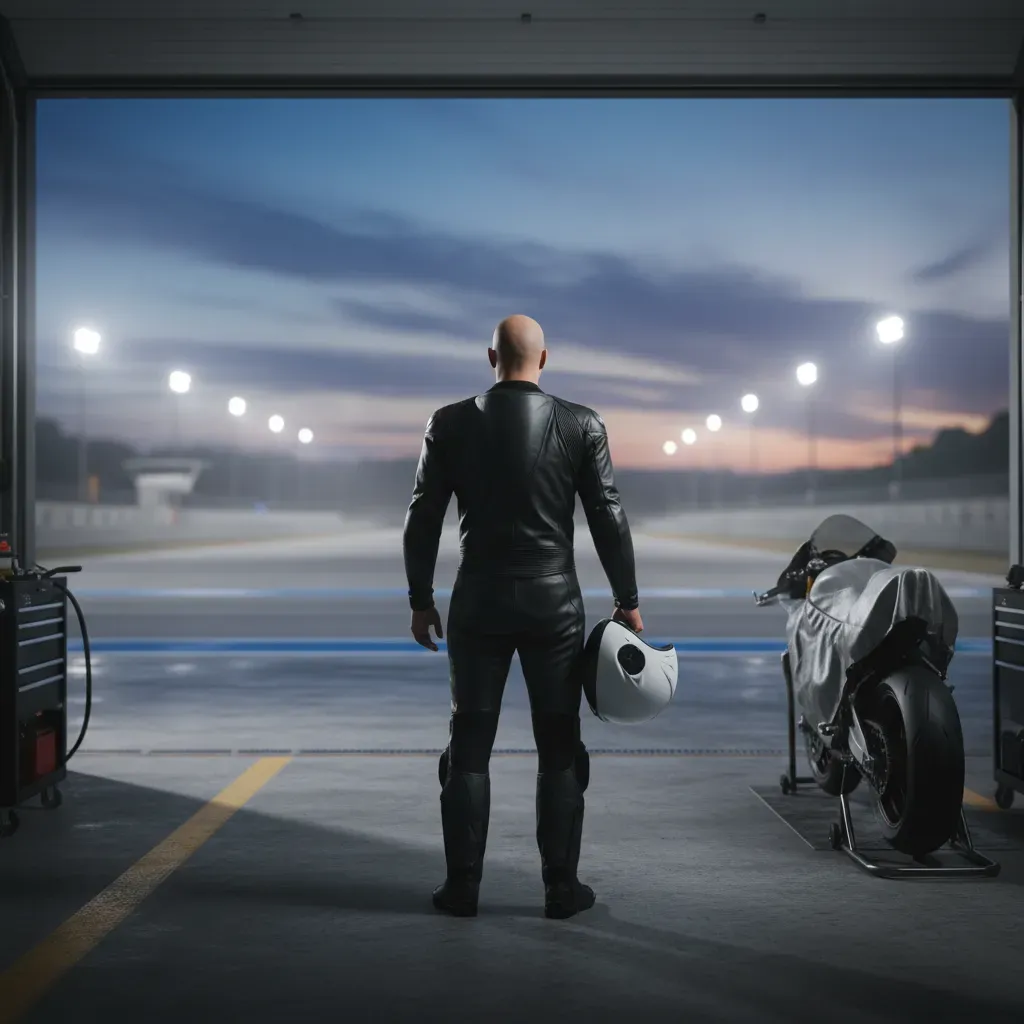 An atmospheric shot from behind a rider standing in plain leathers at the edge of a brightly lit pit garage. His helmet