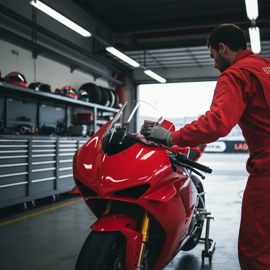 A low-angle shot from behind an anonymous mechanic's shoulder. The mechanic, wearing plain red overalls, is polishing th