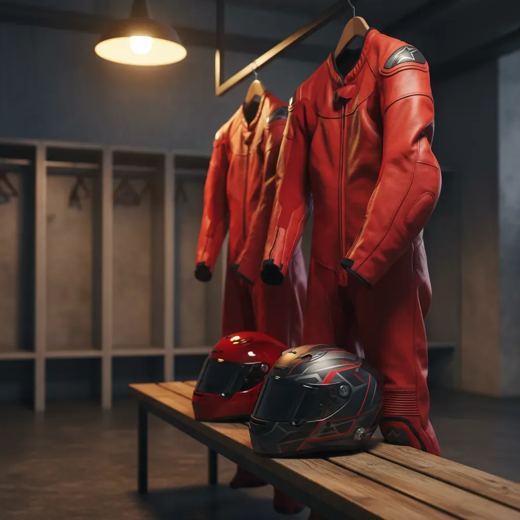 Two sets of unbranded, bright red racing leathers hang side-by-side in a quiet locker room, illuminated by a soft overhe