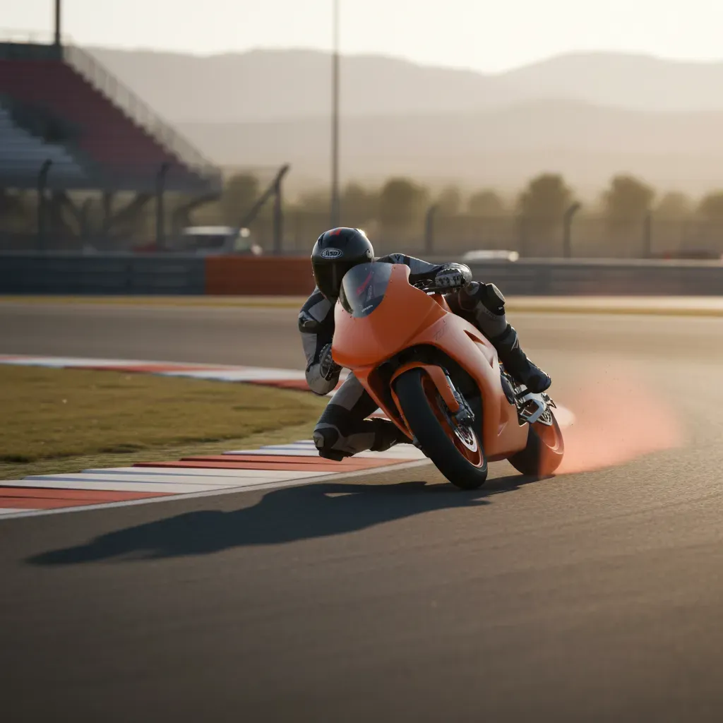 A photorealistic action shot of a rider on a plain orange race bike, leaned at an impossible angle through a fast, sweep