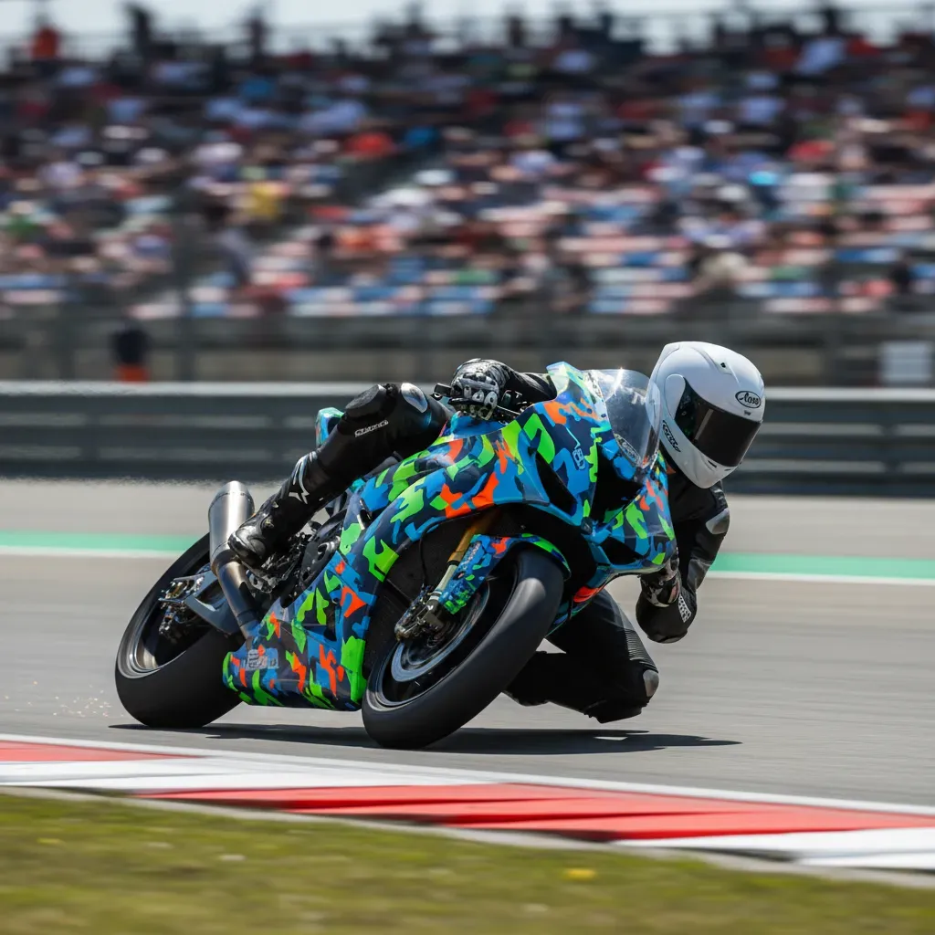 A low-angle trackside shot captures a prototype racing motorcycle leaned over at a seemingly impossible angle through a 