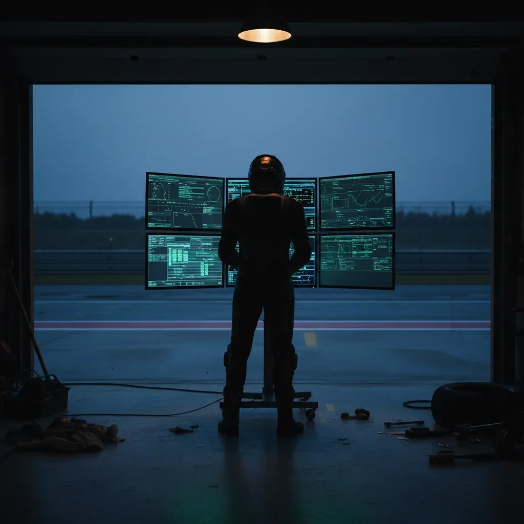 Inside a dimly lit pit garage after a long day of practice. An anonymous rider, back to the camera, stands alone in fron