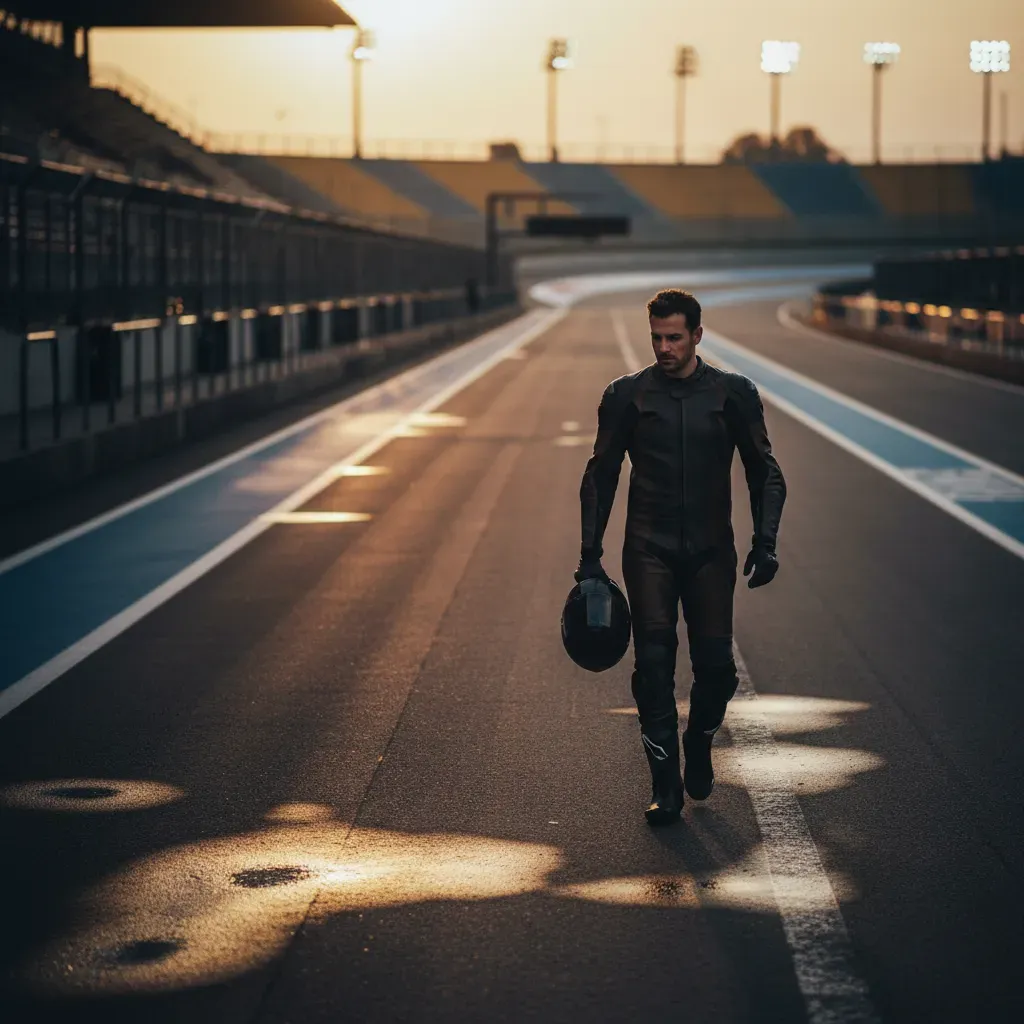 An atmospheric shot of a lone, anonymous rider in plain leathers walking down an empty pit lane at dusk, helmet under hi