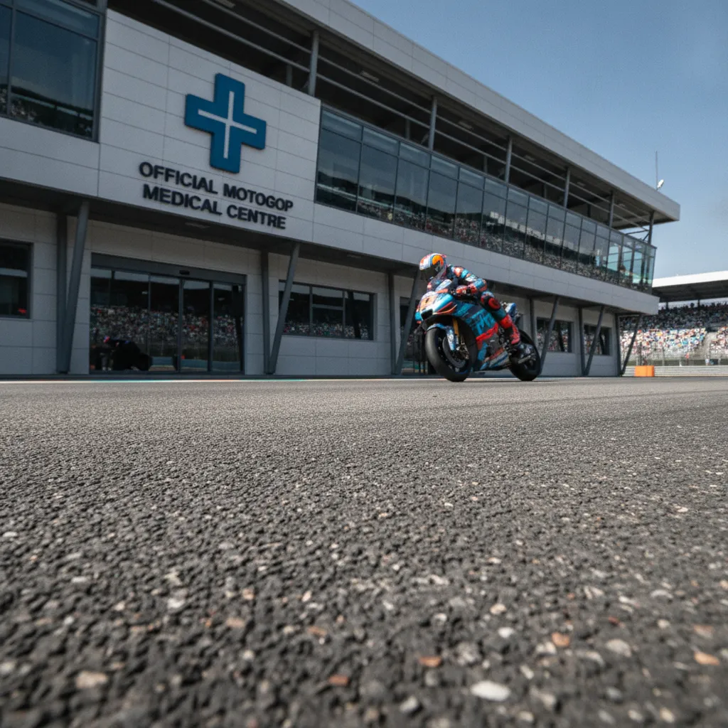 The official MotoGP medical centre building at a race circuit.