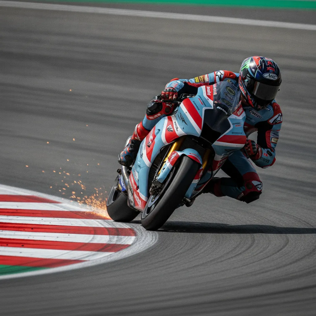 A MotoGP rider in Gresini-coloured leathers scraping a knee slider on the kerb at speed.