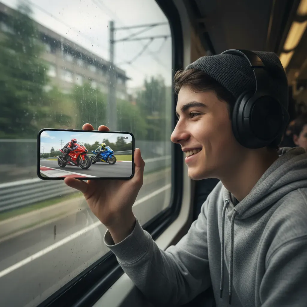 A young fan is on a commuter train, looking out the window with a smile. They are wearing wireless earbuds and holding a