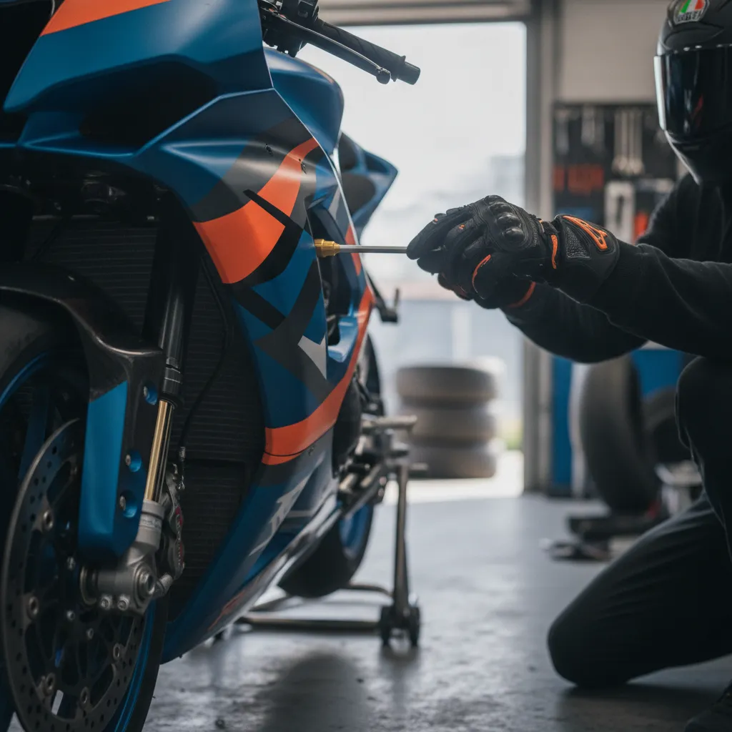 A team of MotoGP mechanics work diligently on Francesco Bagnaia's motorcycle in the pit garage.