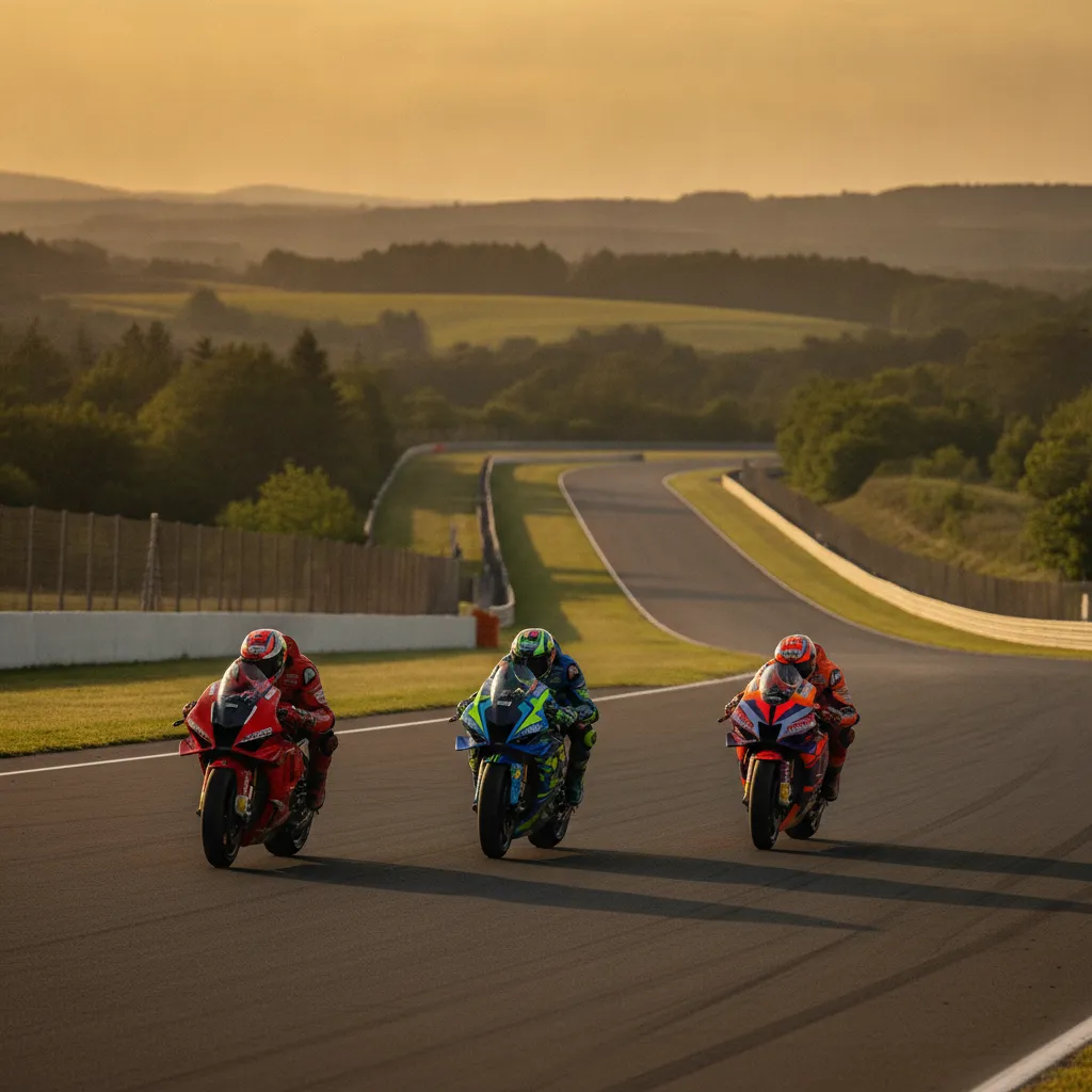 Three MotoGP bikes race at high speed in close formation down a wide race track.