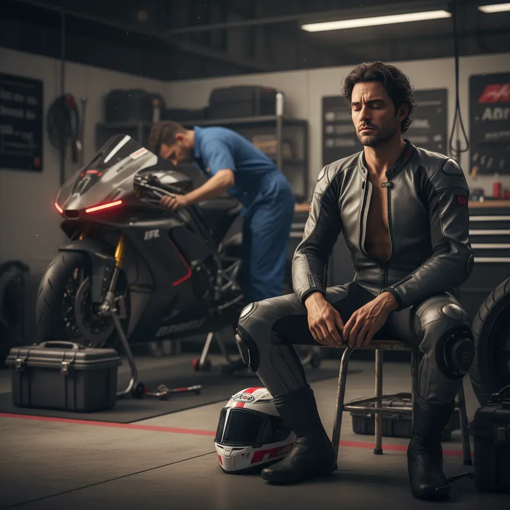 A candid, quiet moment in a dimly lit pit garage. An anonymous rider with Italian-Brazilian features sits on a stool, he