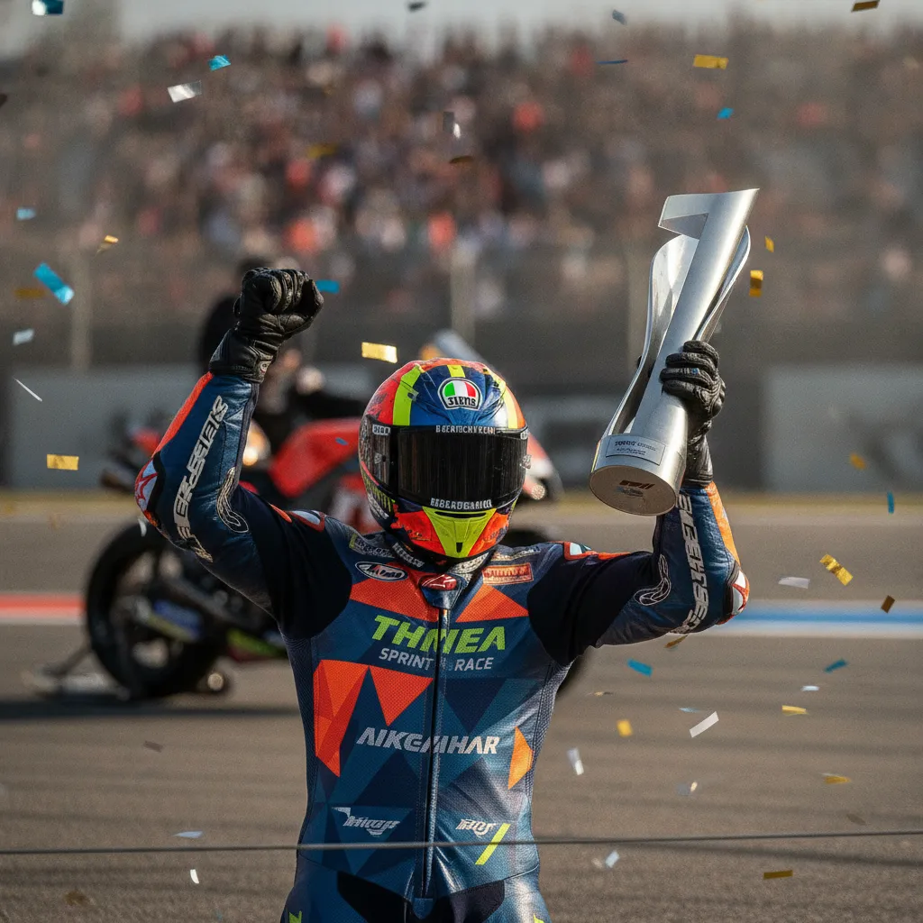A victorious MotoGP rider celebrates on the podium, holding a trophy after winning the Sprint Race.