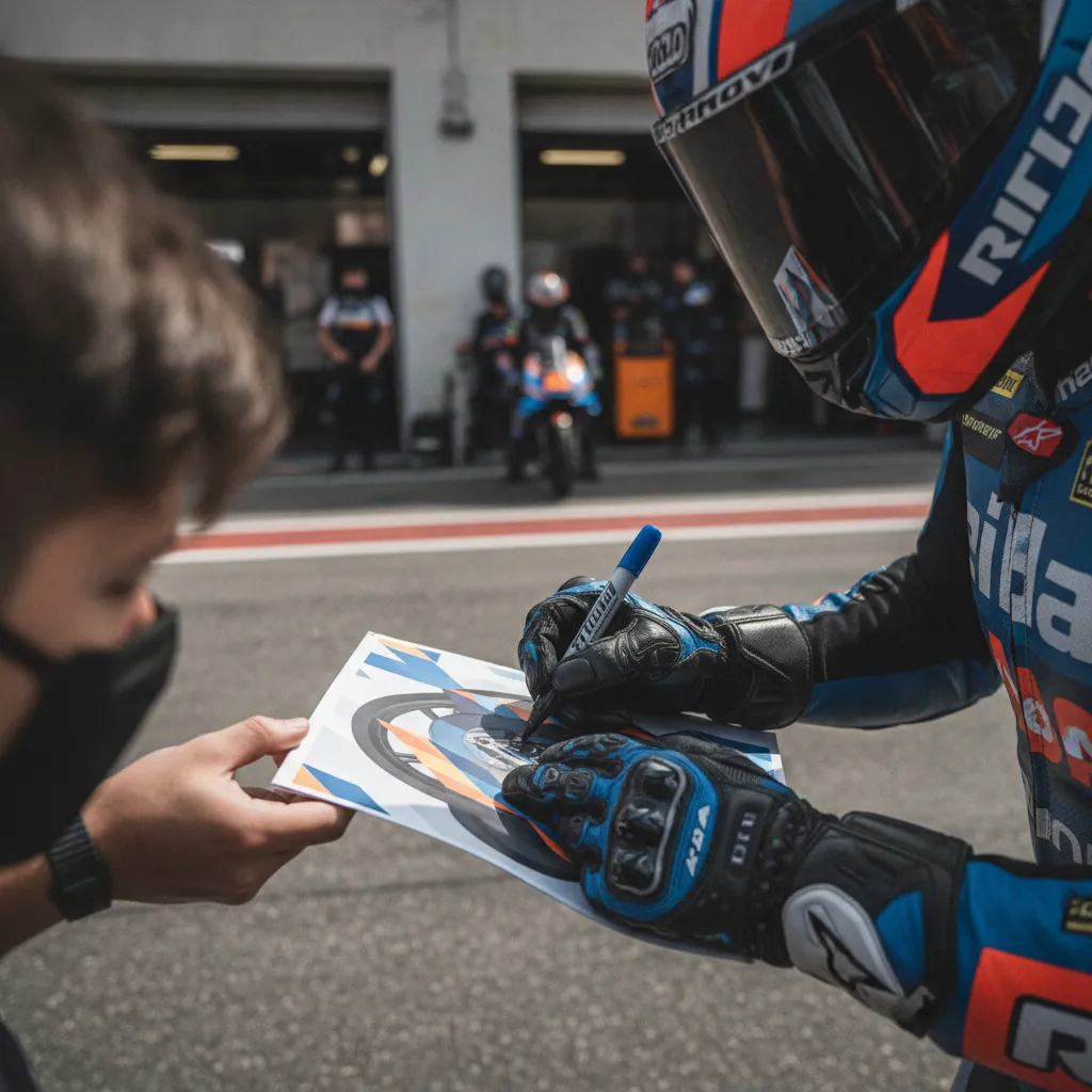 A MotoGP rider signs an autograph for a fan during a special event in the paddock.
