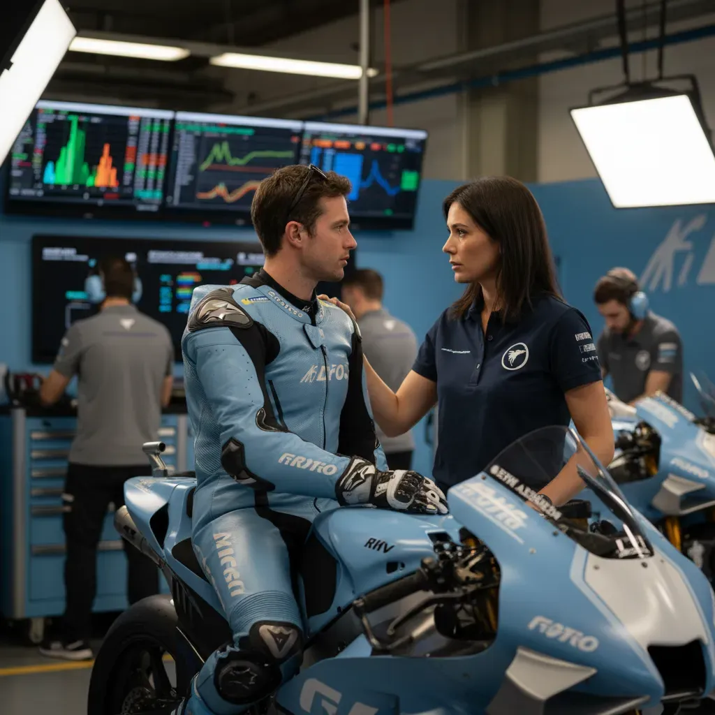 Inside a brightly lit MotoGP garage. A female team principal in a simple, elegant team polo shirt stands beside a rider