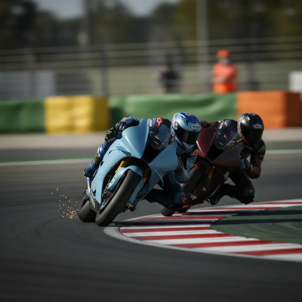Dynamic action shot on a racetrack. A light-blue prototype race bike is on the inside of a tight hairpin corner, leaned