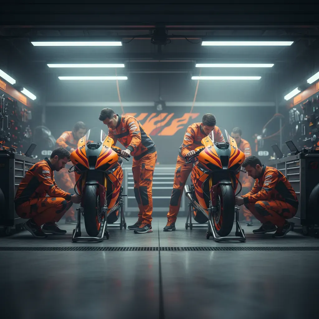 Iconic orange and red liveried racing motorcycles sit under bright fluorescent lights in a pristine pit garage before a
