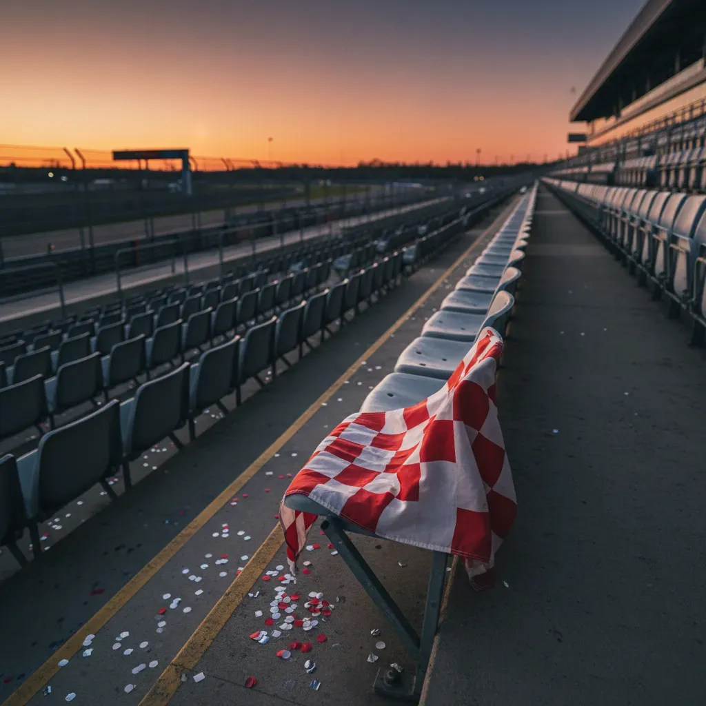An atmospheric, wide shot of an empty grandstand at the Silverstone circuit just after sunset. The race has finished, an